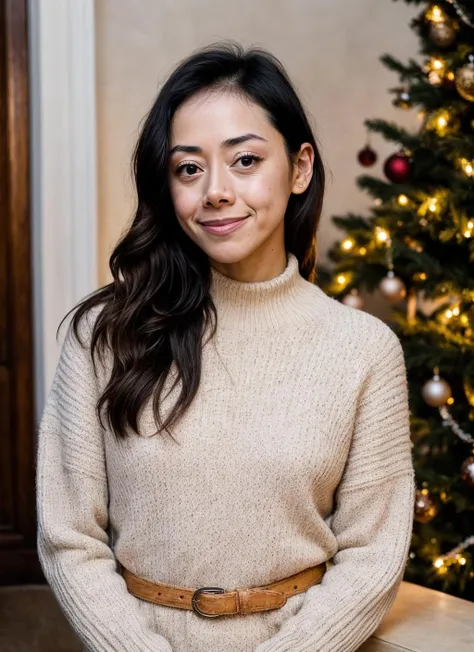 RAW photo of aimeegarcia-ti, natural lighting, 8k uhd, dslr, high quality, film grain, Fujifilm XT3, <lora:add_detail:0.7>, by Jimmy Nelson, christmas theme