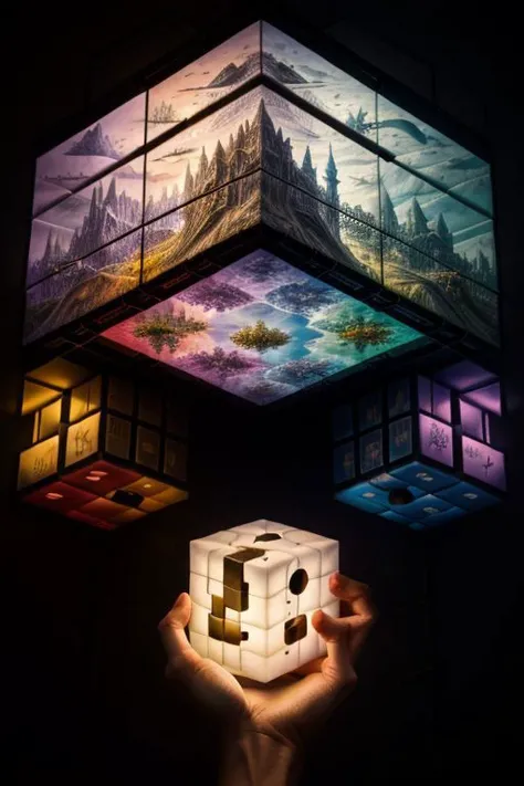 M.c. Escher, Craft a surreal and whimsical dreamscape featuring an neon Cube Made of cubes a fantastical landscape, where reality blends with sexy imagination, capturing the mystique of cubes. in Historical figures smeared, sinister shadows, haunted dripping, spectral uncertainty