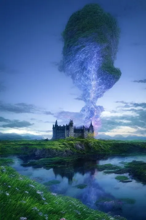 Craft a surreal and whimsical dreamscape featuring an Irish castle amidst a fantastical landscape, where reality blends with imagination, capturing the mystique of Irish historical sites. in Historical figures smeared, sinister shadows, haunted dripping, spectral uncertainty