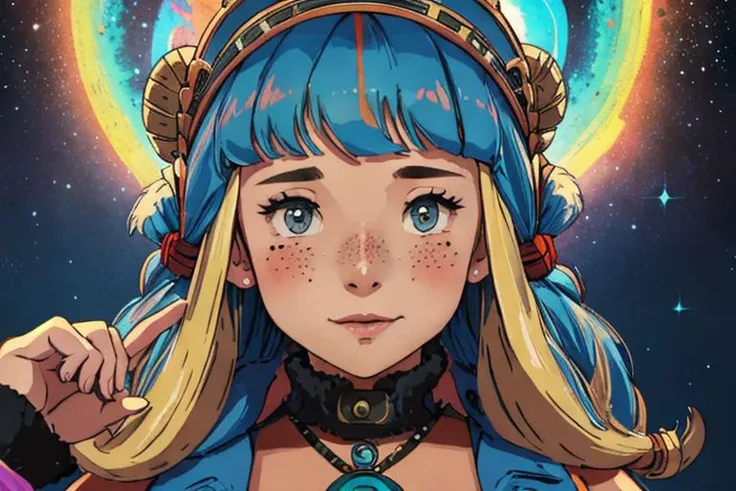 Closeup Portrait, face Shot, mayan, ancient, 1girl, freckles, Hairbun, tanned, busty, perky breasts, puffy nipples, dark Atmosphere, mystic neon northern Lights night, space Ships, Supernova, high quality, portrait, closeup, Steampunk fur leotard with skirt, furry wool applications, ultra detailed GOD 8k cg. inka Style, mayan design, stone fur design, mayan design wool outfit, stone baclground, stone crown, cleavage, puffy nipples, neon color palette
