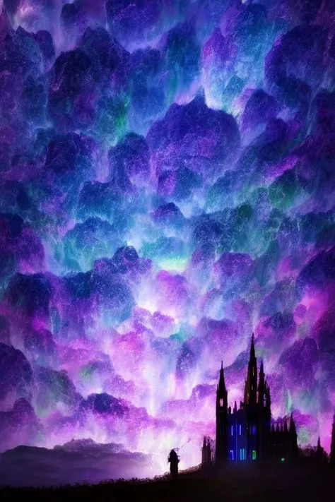 Craft a surreal and whimsical dreamscape featuring an neon Irish castle amidst a fantastical landscape, where reality blends with imagination, capturing the mystique of Irish historical sites. in Historical figures smeared, sinister shadows, haunted dripping, spectral uncertainty