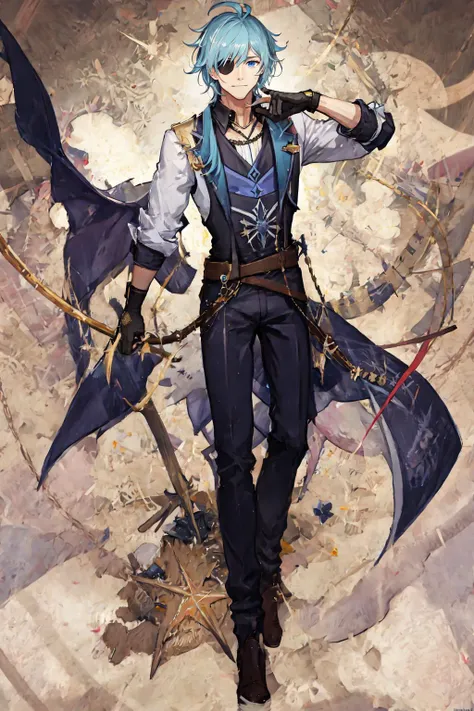 (manly:1.5), kaeya (genshin impact), (1boy:1.4), (male focus:1.5), eyepatch, dark-skinned male, gloves, solo, jewelry, blue hair, earrings, (long hair:1.1), blue eyes, single earring, dark skin, bangs, black gloves, smile, fingerless gloves, closed mouth, (centered:1.4), (dynamic pose:1.5), (intricate details:1.2), 8k wallpaper, (Highest picture quality:1.5), (8k:1.4), (Masterpiece), (ultra-detailed), (Detailed eyes:1.4), (sharp details:1.3), <lora:kaeyaGenshinImpact_v10:0.6>