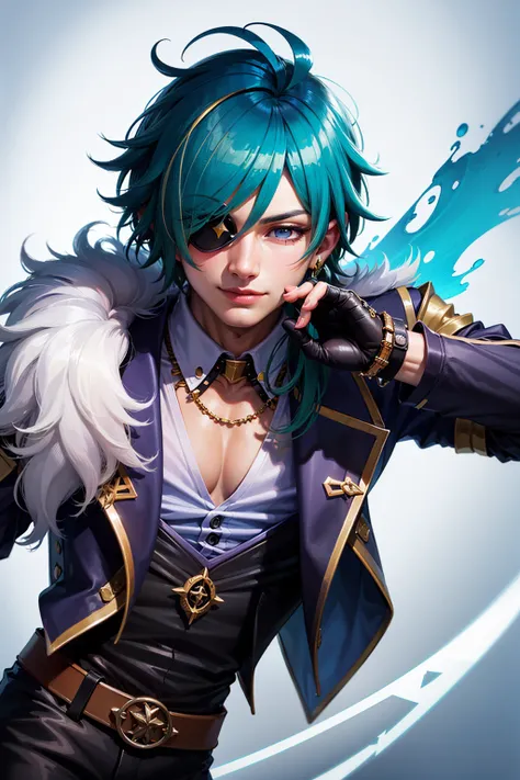 (manly:1.5), kaeya (genshin impact), (1boy:1.4), (male focus:1.5), eyepatch, dark-skinned male, gloves, solo, jewelry, blue hair, earrings, (long hair:1.1), blue eyes, single earring, dark skin, bangs, black gloves, smile, fingerless gloves, closed mouth, (centered:1.4), (dynamic pose:1.5), (intricate details:1.2), 8k wallpaper, (Highest picture quality:1.5), (8k:1.4), (Masterpiece), (ultra-detailed), (Detailed eyes:1.4), (sharp details:1.3),  <lora:kaeyaGenshinImpact_v10:0.6>