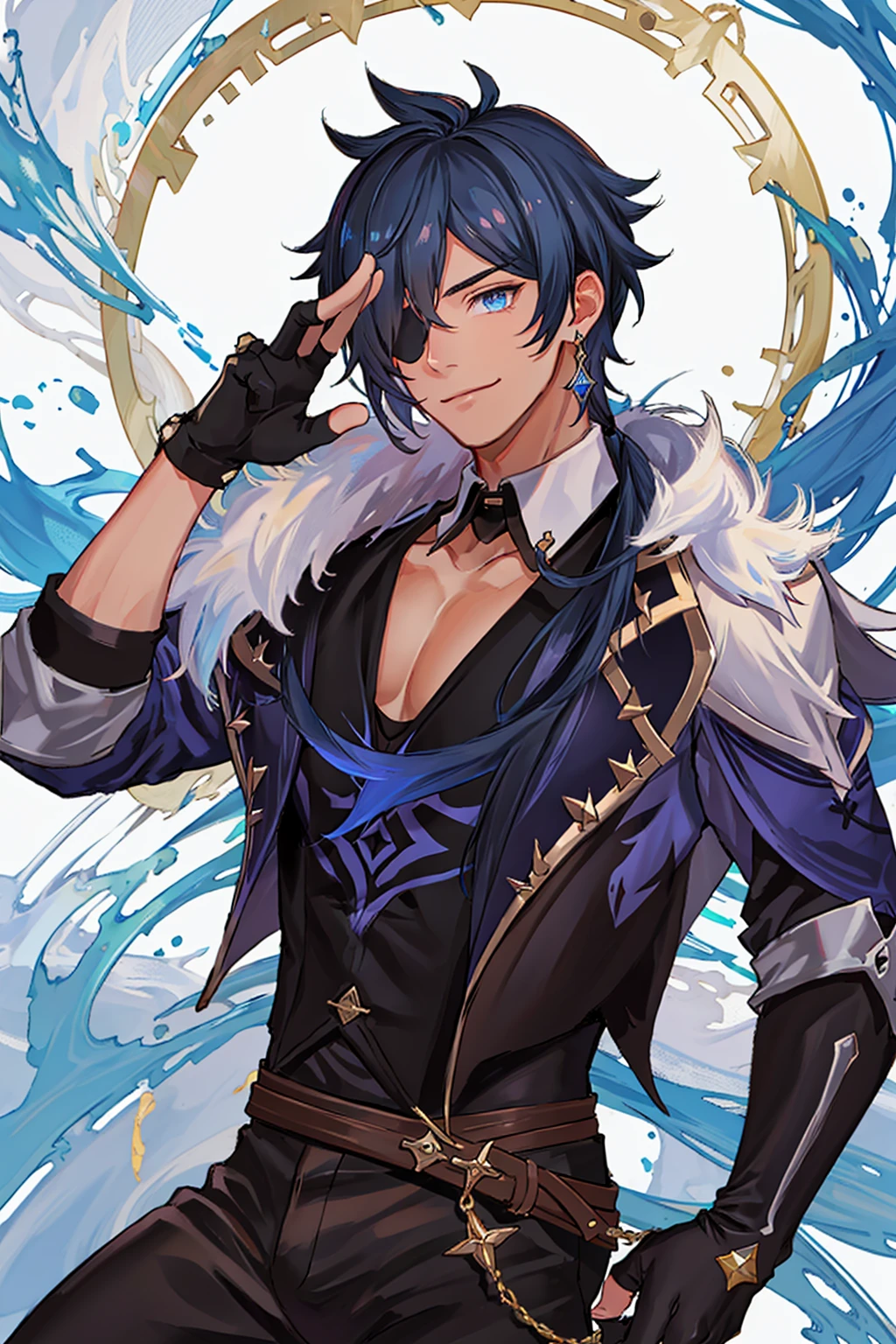 (manly:1.5), kaeya (genshin impact), (1boy:1.4), (male focus:1.5), (eyepatch:1.2), dark-skinned male, gloves, solo, jewelry, blue hair, earrings, (long hair:1.1), blue eyes, single earring, dark skin, bangs, black gloves, smile, fingerless gloves, closed mouth, (centered:1.4), (dynamic pose:1.5), (intricate details:1.2), 8k wallpaper, (Highest picture quality:1.5), (8k:1.4), (Masterpiece), (ultra-detailed), (Detailed eyes:1.4), (sharp details:1.3), <lora:kaeyaGenshinImpact_v10:0.6> <lora:husbandoLora_v3:0.6>