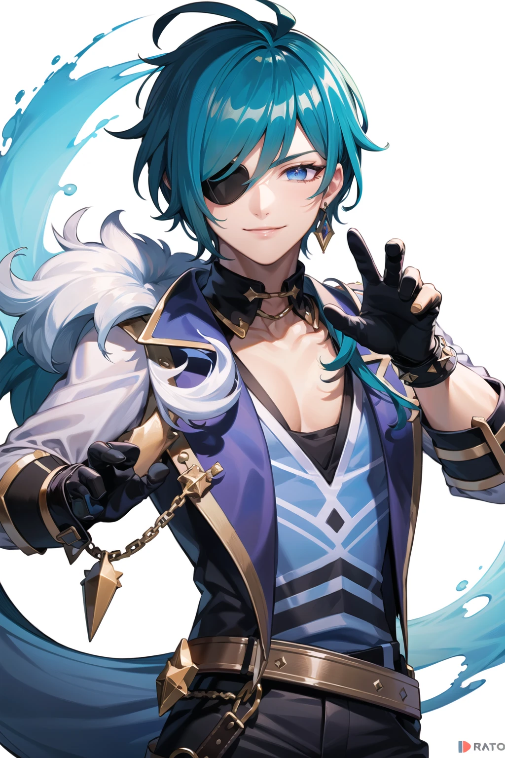(manly:1.5), kaeya (genshin impact), (1boy:1.4), (male focus:1.5), eyepatch, dark-skinned male, gloves, solo, jewelry, blue hair, earrings, (long hair:1.1), blue eyes, single earring, dark skin, bangs, black gloves, smile, fingerless gloves, closed mouth, (centered:1.4), (dynamic pose:1.5), (intricate details:1.2), 8k wallpaper, (Highest picture quality:1.5), (8k:1.4), (Masterpiece), (ultra-detailed), (Detailed eyes:1.4), (sharp details:1.3), <lora:kaeyaGenshinImpact_v10:0.7>