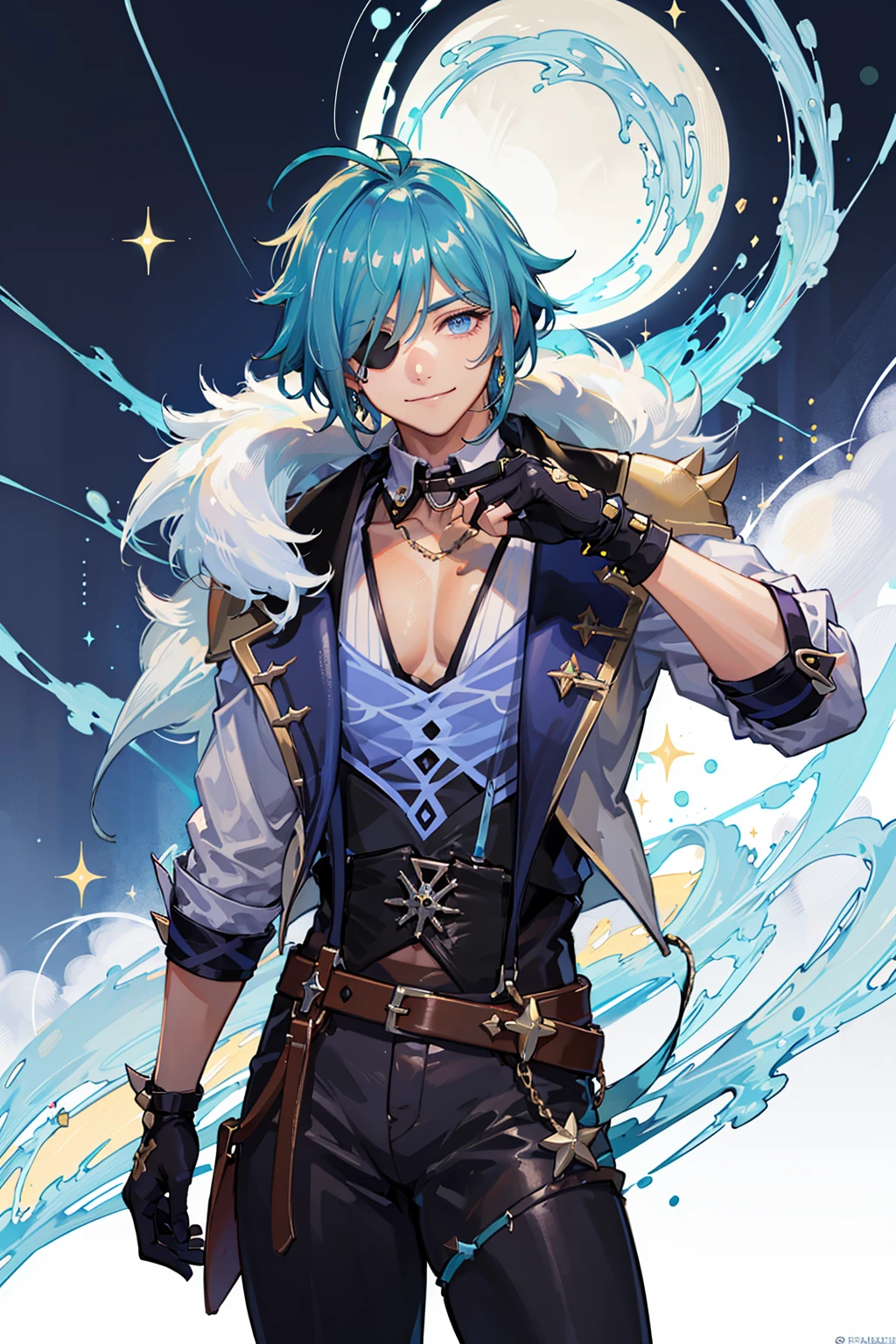 (manly:1.5), kaeya (genshin impact), 1boy, (male focus:1.5), eyepatch, dark-skinned male, gloves, solo, jewelry, blue hair, earrings, (long hair:1.4), blue eyes, single earring, dark skin, bangs, black gloves, smile, fingerless gloves, closed mouth, (centered:1.4), (dynamic pose:1.5), (intricate details:1.2), 8k wallpaper, (Highest picture quality:1.5), (8k:1.4), (Masterpiece), (ultra-detailed), (Detailed eyes:1.4), (sharp details:1.3), <lora:kaeyaGenshinImpact_v10:0.7>