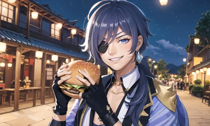 (extremely delicious huge burger:1.2), masterpiece, best quality, 1boy, solo, (kaeya\(genshin impact\):1.2), face, face closeup, (eating hamburger, large burger:1.2), (looking at viewer:1.2),
eyepatch, dark-skinned male, gloves, jewelry, blue hair, earrings, long hair, blue eyes, single earring, dark skin, bangs, black gloves, hair from behind,
(fingerless gloves:1.4), (smile:1.2), (sweat:0), (grin:1.0), (open eyes:1.2), (troubled face:0.5), (blush:0.2),
detailed background, outdoor, (liyue-kozue:1.2), (chinese building, architecture, flying lanterns, lamps, sea, night, stars, mountain,:1.1), (light particles:1.0), <lora:kaeyaGenshinImpact_v10:0.9>, <lora:eatingAHamburger_animeEatingBurger:0.4> <lora:liyueGenshinImpact_v10:0.3>