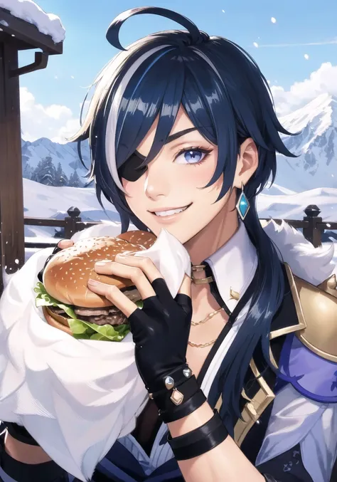 (extremely delicious huge burger:1.2), masterpiece, best quality, 1boy, solo, kaeya\(genshin impact\), face, face closeup, (eating hamburger, large burger:1.2), (looking at viewer:1.2),
eyepatch, dark-skinned male, gloves,  jewelry, blue hair, earrings, long hair, blue eyes, single earring, dark skin, bangs, black gloves, hair from behind,
(fingerless gloves:1.4), (happy:1.2), (sweat:0), (grin, smile:1.0), (open eyes:1.2), (troubled face:0.0), (blush:0.2),
detailed background, outdoor, snow mountain, blizzard, (light particles:1.0), <lora:kaeyaGenshinImpact_v10:0.9>, <lora:eatingAHamburger_animeEatingBurger:0.4>