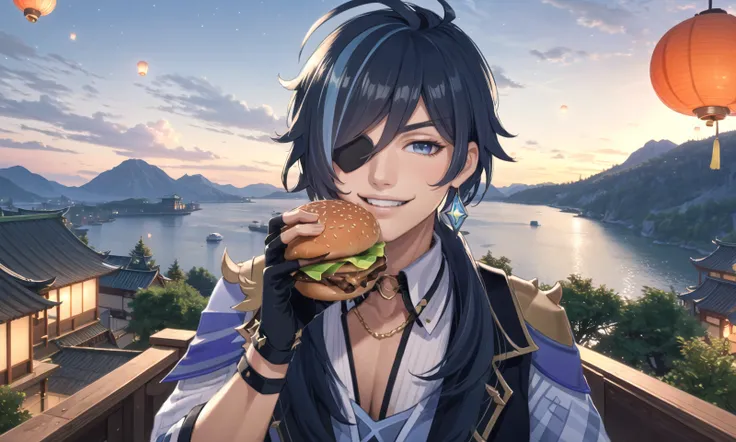 (extremely delicious huge burger:1.2), masterpiece, best quality, 1boy, solo, (kaeya\(genshin impact\):1.2), face, face closeup, (eating hamburger, large burger:1.2), (looking at viewer:1.2),
eyepatch, dark-skinned male, gloves, jewelry, blue hair, earrings, long hair, blue eyes, single earring, dark skin, bangs, black gloves, hair from behind,
(fingerless gloves:1.4), (smile:1.2), (sweat:0), (grin:1.0), (open eyes:1.2), (troubled face:0.5), (blush:0.2),
detailed background, outdoor, (liyue-kozue:1.2), (chinese building, architecture, flying lanterns, sea, night, stars, mountain,:1.1), (light particles:1.0), <lora:kaeyaGenshinImpact_v10:0.9>, <lora:eatingAHamburger_animeEatingBurger:0.4> <lora:liyueGenshinImpact_v10:0.3>