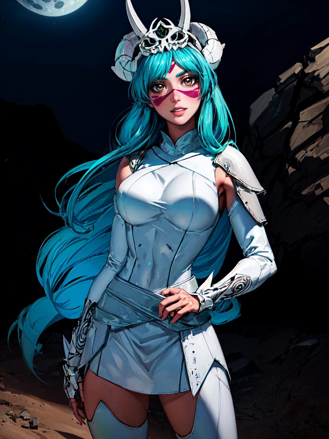 (masterpiece:1.2), (best quality:1.2), beautiful, high quality, (highres:1.1), detailed, extremely detailed 4K, perfect eyes, perfect face, perfect lighting, <lora:tool_addDetail:0.25>,(1girl, solo, adult female, mature female),
<lora:costume_haloCrown:0.85> spiky white bone halocro, (large headdress), (horned halocro),
<lora:character_nellielBleach:0.55> nelliel tu odelschwanck, long hair, green hair, (facial mark:1.3), (brown eyes:1.5), green hair,espada suit,
smile, parted lips, looking at viewer, pelvic curtain, cowboy shot, muscular, sleeveless, night time, outside, desert background, (narrow waist), sleeveless, ornate espada suit, moon,
<lora:tool_lowRA:0.7>, thighs, thigh muscles,