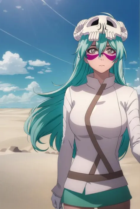 nellieltuodelschwanck, <lyco:nellieltuodelschwanck-lyco-nochekaiser:1>,
nelliel tu odelschwanck, long hair, green hair, (facial mark:1.5), skull, (brown eyes:1.5), green hair,
BREAK espada suit, dress, white dress, long sleeves, collar, skirt, white skirt, gloves, white gloves,
BREAK outdoors, desert, sky, sun, cloud,
BREAK looking at viewer, (cowboy shot:1.5),
BREAK <lyco:GoodHands-beta2:1>, (masterpiece:1.2), best quality, high resolution, unity 8k wallpaper, (illustration:0.8), (beautiful detailed eyes:1.6), extremely detailed face, perfect lighting, extremely detailed CG, (perfect hands, perfect anatomy),