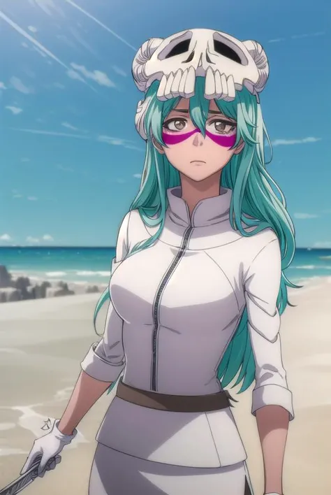 nellieltuodelschwanck, <lyco:nellieltuodelschwanck-lyco-nochekaiser:1>,
nelliel tu odelschwanck, long hair, green hair, (facial mark:1.5), skull, (brown eyes:1.5), green hair,
BREAK espada suit, dress, white dress, long sleeves, collar, skirt, white skirt, gloves, white gloves,
BREAK outdoors, desert, sky, sun, cloud,
BREAK looking at viewer, (cowboy shot:1.5),
BREAK <lyco:GoodHands-beta2:1>, (masterpiece:1.2), best quality, high resolution, unity 8k wallpaper, (illustration:0.8), (beautiful detailed eyes:1.6), extremely detailed face, perfect lighting, extremely detailed CG, (perfect hands, perfect anatomy),