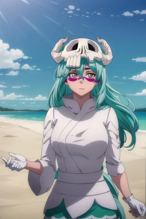nellieltuodelschwanck, <lyco:nellieltuodelschwanck-lyco-nochekaiser:1>,
nelliel tu odelschwanck, long hair, green hair, (facial mark:1.5), skull, (brown eyes:1.5), green hair,
BREAK espada suit, dress, white dress, long sleeves, collar, skirt, white skirt, gloves, white gloves,
BREAK outdoors, desert, sky, sun, cloud,
BREAK looking at viewer, (cowboy shot:1.5),
BREAK <lyco:GoodHands-beta2:1>, (masterpiece:1.2), best quality, high resolution, unity 8k wallpaper, (illustration:0.8), (beautiful detailed eyes:1.6), extremely detailed face, perfect lighting, extremely detailed CG, (perfect hands, perfect anatomy),