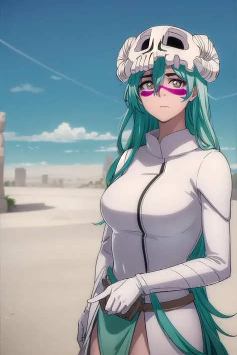 nellieltuodelschwanck, <lyco:nellieltuodelschwanck-lyco-nochekaiser:1>,
nelliel tu odelschwanck, long hair, green hair, (facial mark:1.5), skull, (brown eyes:1.5), green hair,
BREAK espada suit, dress, white dress, long sleeves, collar, skirt, white skirt, gloves, white gloves,
BREAK outdoors, desert, sky, sun, cloud,
BREAK looking at viewer, (cowboy shot:1.5),
BREAK <lyco:GoodHands-beta2:1>, (masterpiece:1.2), best quality, high resolution, unity 8k wallpaper, (illustration:0.8), (beautiful detailed eyes:1.6), extremely detailed face, perfect lighting, extremely detailed CG, (perfect hands, perfect anatomy),
