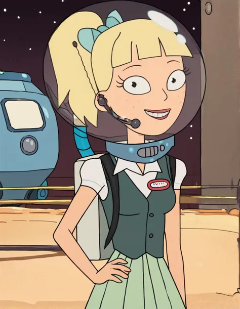 annie, 1girl, blonde hair, solo, name tag, green skirt, freckles, hair bow, ponytail,space helmet, backpack, vest,smile, white shirt <lora:AnniePony1.1:0.9> ,outdoors,  looking at viewer, hand on own hip, score_9, score_8_up, score_7_up, score_6_up, score_5_up, score_4_up