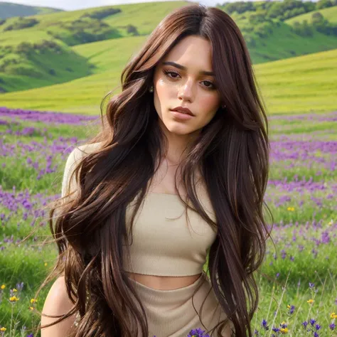 j3nao full body <lora:j3nao-T1:1> brown captivating stare, voluminous hair, seductive lips, (very light bold dark makeup:0.6), sculpted curves cheekbones, luscious kissers,, soft, high planes, Wildflower Meadow, Frolic in a meadow full of wildflowers.,