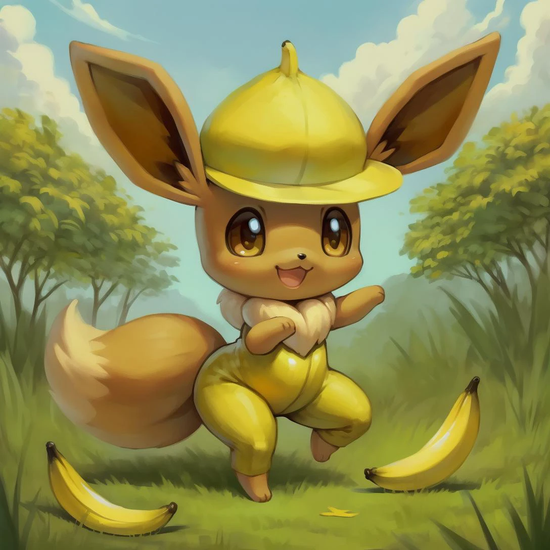 an image of an eevee in a banana outfit dancing , outdoor grassy area, detailed background, chibi, (masterpiece, best quality, high quality, highres, ultra-detailed), a hat in the shape of a banana, wearing a yellow outfit, there are bananas on the ground, banana, banana dance