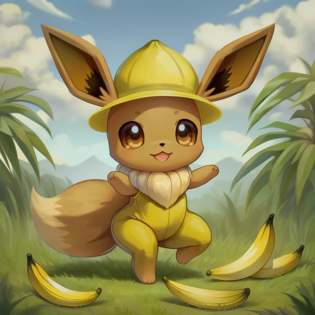 an image of an eevee in a banana outfit dancing , outdoor grassy area, detailed background, chibi, (masterpiece, best quality, high quality, highres, ultra-detailed), a hat in the shape of a banana, wearing a yellow outfit, there are bananas on the ground, banana, banana dance