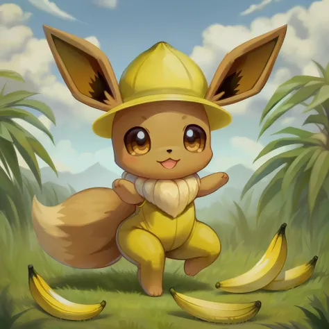 an image of an eevee in a banana outfit dancing , outdoor grassy area, detailed background, chibi,  (masterpiece, best quality, high quality, highres, ultra-detailed),  a hat in the shape of  a banana, wearing a yellow outfit, there are bananas on the ground, banana,  banana dance