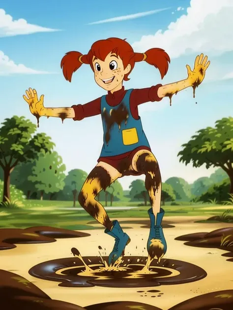 masterpiece, pippi, human,black eyes,freckles,red hair,twintails,multicolored stockings,blue boot, (jumping:1.3), (playing in mud:1.3), (mud stains:1.3), <lora:Pippilong Stocking:0.6>
