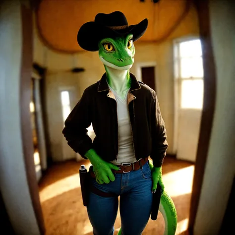 (real photo), (lizard:1.25), yellow eyes, green body, fisheye lens, female, androgynous, depth of field, (duster jacket,cowboy clothes,pants,holstered gun), detailed background, sunlight