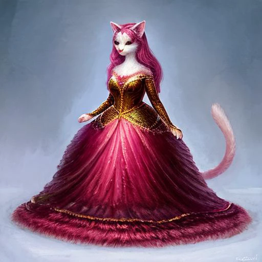 oil painting, painterly, realistic,
anthro cat woman, hyper hips, smiling, detailed, paws, long tail, pink hair, gown, detailed hair, feline, feline nose
<lora:TEST-000007:.5>