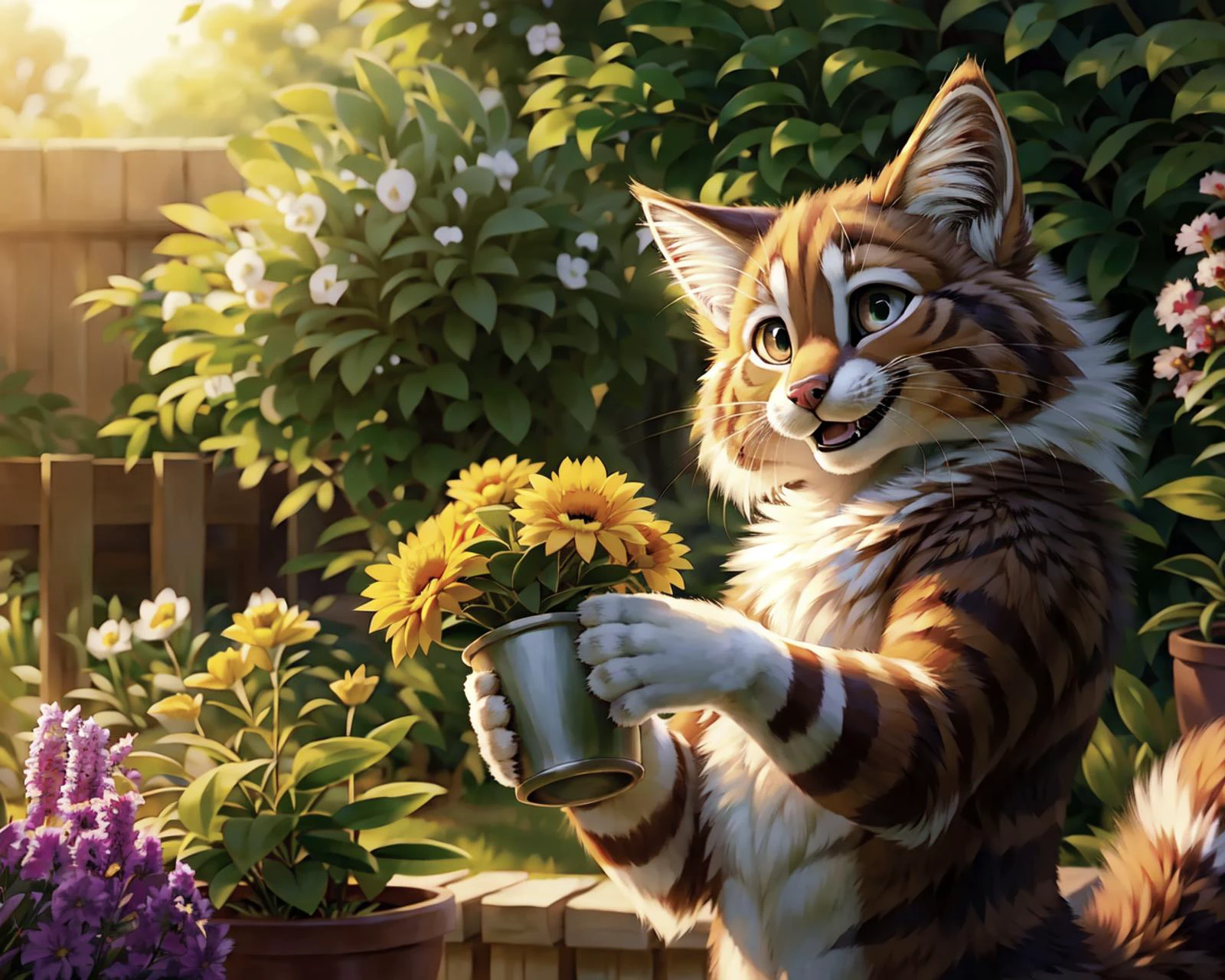 furry, SFW, anthropomorphic, Siberian forest cat holding a potted flower, garden, day time, smiling, happy, HD, detailed, masterpiece, high quality, drawing, furry art, furaffinity, digital art