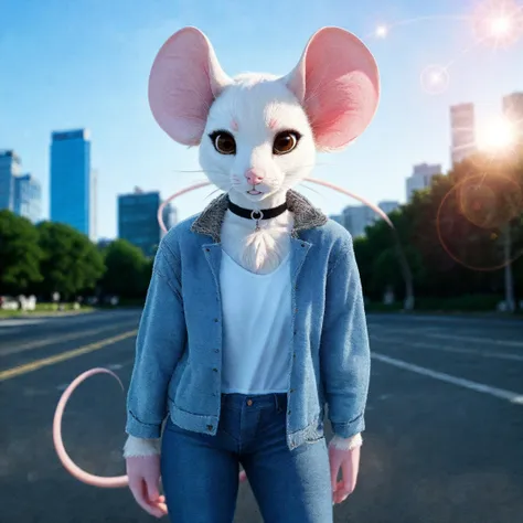 (real photo), (mouse:1.25), whiskers, brown eyes, tuft, lens flare, white fur, white body, pink nose, chest tuft, female, androgynous, depth of field, (denim jacket,jeans,white t-shirt,choker), detailed background, city