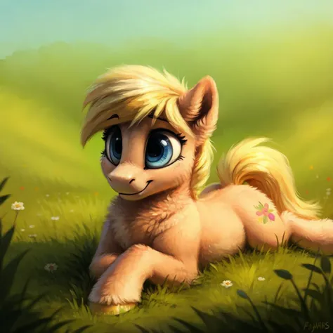 Fluffy pony from My little Pony lies on the grass, cute, (detailed, realistic), volumetric lighting, solo focus, blue eyes, blond hair, Lying on the grass, full-length portrait, soft focus, (by inkplasm, by kenket and foxovh:0.2), low contrast, Pastel colors