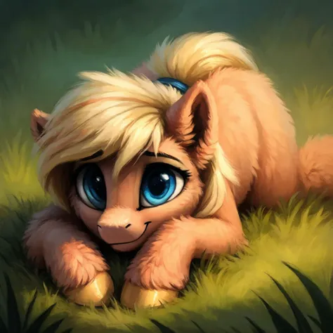 Fluffy pony from My Pony lies on the grass, cute, (detailed, realistic), (detailed fur, extra fur), volumetric lighting, solo focus, blue eyes, blond hair, Lying on the grass, full-length portrait, soft focus, (by inkplasm, by kenket and foxovh:0.2), low contrast, Pastel colors