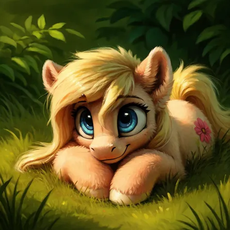 Fluffy pony from My little Pony lies on the grass, cute, (detailed, realistic), volumetric lighting, solo focus, blue eyes, blond hair, Lying on the grass, full-length portrait, soft focus, (by inkplasm, by kenket and foxovh:0.2), low contrast, Pastel colors