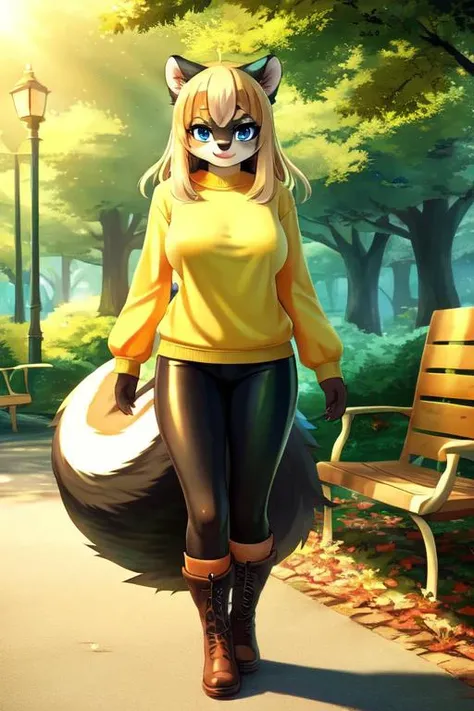 a young anthro female skunk standing looking at viewer in a park, wearing a long sleeve yellow shirt, leather leggings and leather boots, white fur, black fur, sharp ears, long straight copper blonde hair, detailed blue eyes, big breasts, big fluffy skunk tail, (tight clothing), shiny clothing, sunny day, natural light, cozy light, detailed fur, anime art style
