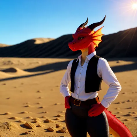 (real photo), (dragon:1.25), horn, scales, frill \(anatomy\), membranous frill, female, androgynous, depth of field, (buttondown shirt,vest,brown belt,yoga pants), detailed background, dune, sunlight