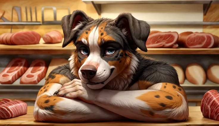 closeup of the face of a male australian shepherd, furry, anthro, blue eyes, head resting on arms, (pawlike hands with claws:0.9), resting on an counter, (empty counter:1.1), (fangs:0.8), cocked head, butcher shop, (meat products in background), shelves, looking at viewer, focus on face, bright lighting, mischievous smile, detailed face <lora:Furtastic_Detailer:1> <lora:add-detail-xl:1>