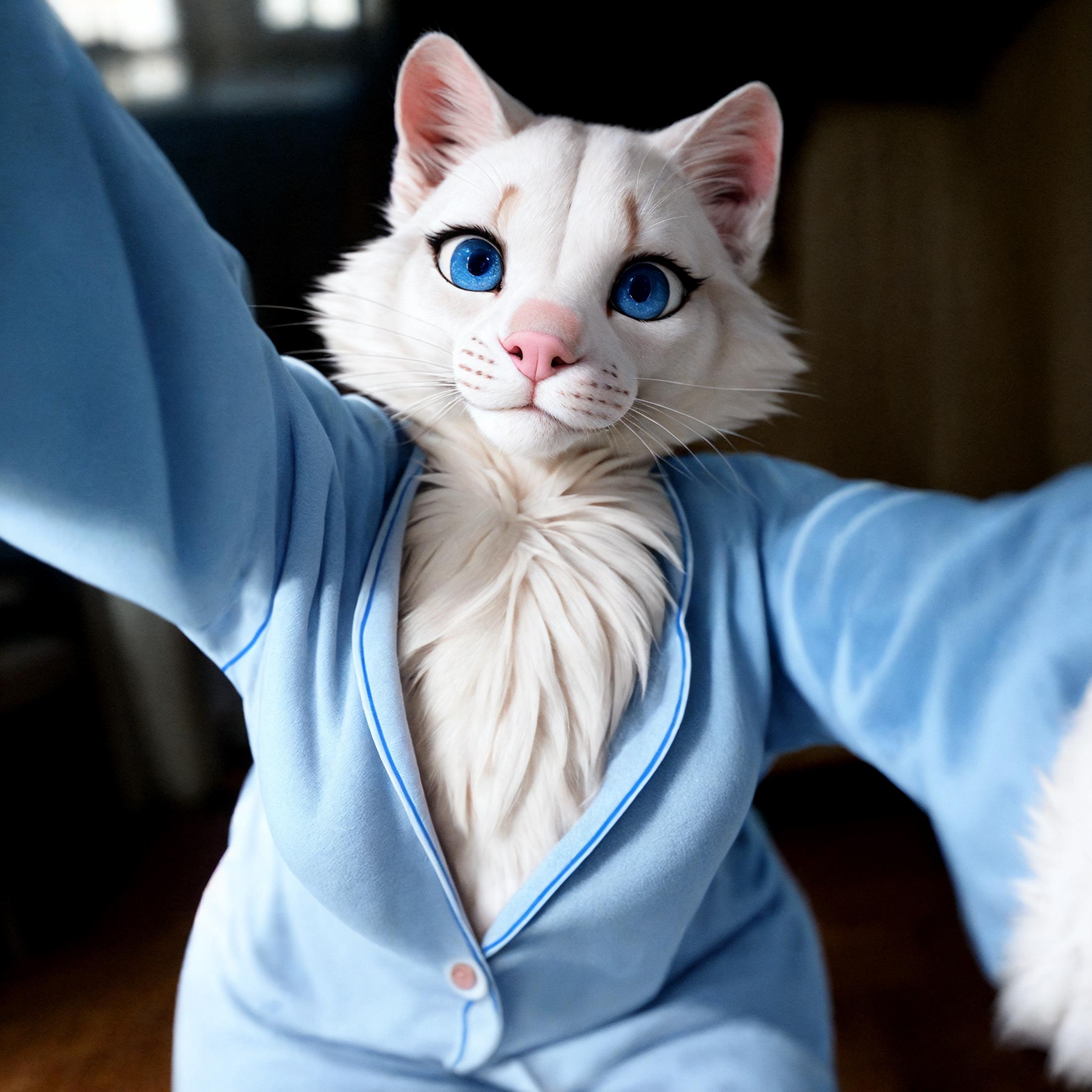 There is a white cat wearing a blue suit and a blue shirt - SeaArt AI