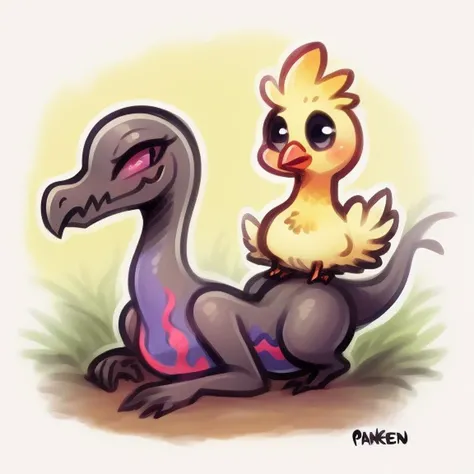 Panken, an image of a salazzle with a combusken, pokemon \(species\), chibi,
