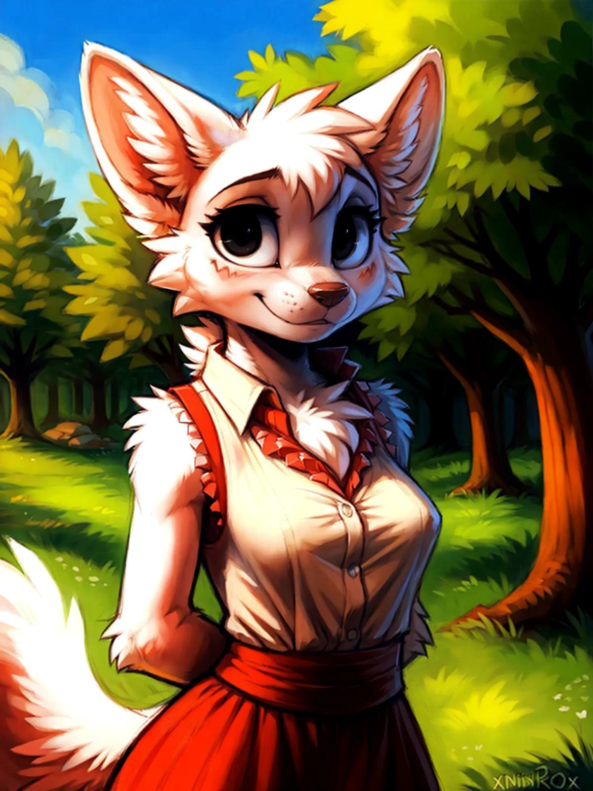 (by hioshiru:1.0), (by plagueofgripes:0.6), (by tom fischbach:0.9), (by iskra:0.5), (by zackary911:0.5), (by kenket:0.5), (by xnirox:1.1), (by cervina7:0.7), detailed_background, uploaded on e621, <lora:tool_addDetail:0.25>
<lora:character_boykisserCat:0.9> Silly cat, (1girl, female, anthro, female furry), (detailed fur:1.1), (white fur:1.1), (black eyes:1.3),
looking away, shy, shy smile, light blush, love, in love, makeup,
<lora:costume_virginKillerOutfit_v10:1.2> blue high-waisted skirt, (frilly white blouse:1.3), breasts, frilly, narrow waist, sash, neck ribbon, white blouse, (buttons:1.1), sleeveless, collared shirt, suspenders,
(outside:1.2), (sunny:1.1), blue sky, park background, (shy pose:1.2), (underbust:1.2), arms behind back,