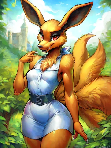 (masterpiece:1.2), (best quality:1.2), beautiful, high quality, (highres:1.1), detailed, extremely detailed 4K, perfect eyes, perfect face, perfect lighting, <lora:tool_addDetail:0.25>,(1girl, solo, adult female, mature female),
detailed background, intricate details, e621,
(by tian zi), (by craig mullins), (by WLOP), (by alphonse mucha),
<lora:character_kuramaNaruto_(kurama):0.9>, kurama, 9 tails, multiple tails, orange fur, orange body, red eyes, slit pupils, claws, long ears, fangs, smile, looking at viewer, (muscular:1.2), small breasts, tight clothes,
(cute:1.1), (big eyes:1.2), (tall:1.2), outside, garden background, town background, happy, parted lips, (eyelashes:1.2),
<lora:concept_costume_virginKillerOutfit_v10_(virgin killer outfit):1.0>, virgin killer outfit, high-waist skirt, white shirt, sleeveless, narrow waist, neck bow, shy,