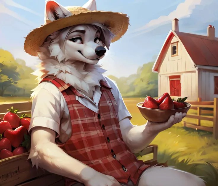 furry, 2 Samoyed furry dog, wearing farm outfits, straw hat, male and female, picking strawberries at a farm, day time, furry art, high quality, detailed, by darkgem, fur by reysi