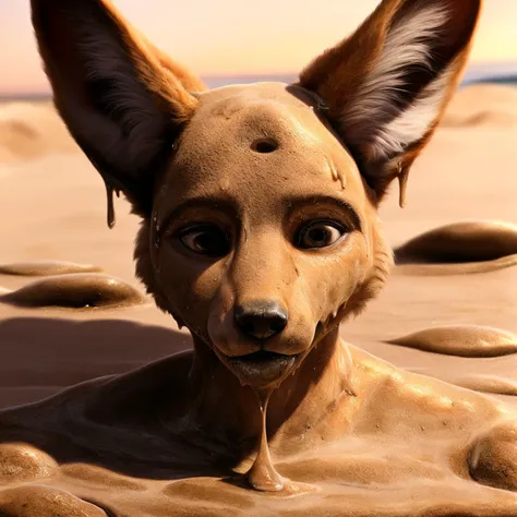 (sand fur, wet, Melting, Sand petrification:1.6), Male, Anthro, muscular, Fennec, digitigrade, scared, fear, sand in mouth, Tropical Beach detailed background, BREAK (masterpiece, best quality, ultra realistic, 4k, 2k, (intricate:0.9), (high detail:1.4), soft focus, photorealistic, analog style, subsurface scattering, photorealism, absurd res)