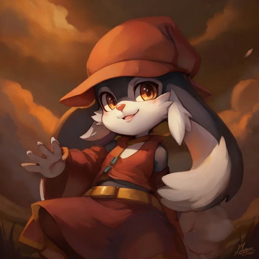 (masterpiece, best quality), this image depicts (klonoa:1.25) the anthro hybrid cat/rabbit waving to you. the mood of the piece is joyful. the atmosphere of the image is vivid. the style of the image is extremely detailed and well-made. solo, anthro, klonoa \(series\), clothing, hat, two tone fur, black fur, white fur, cheek tuft, cheek fluff, lop ears