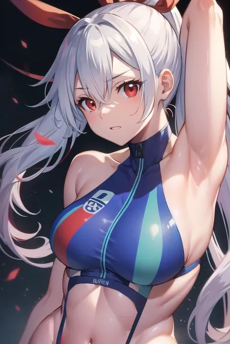 tomoegozen, <lora:tomoegozentest:1>,
tomoe gozen, hair between eyes, hair ribbon, headband, long hair, ponytail, (red eyes:1.5), red ribbon, ribbon, light blue hair,
BREAK bare shoulders, blue one-piece swimsuit, hair ribbon, halterneck, navel, official alternate costume, one-piece swimsuit, skin tight, skindentation, swimsuit, thick thighs, thigh strap, thighs,
BREAK looking at viewer,
BREAK outdoors, beach,
BREAK <lora:GoodHands-vanilla:1>, (masterpiece:1.2), best quality, high resolution, unity 8k wallpaper, (illustration:0.8), (beautiful detailed eyes:1.6), extremely detailed face, perfect lighting, extremely detailed CG, (perfect hands, perfect anatomy),