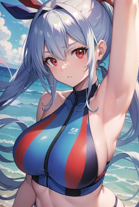 tomoegozen, <lora:tomoegozentest:1>, 
tomoe gozen, hair between eyes, hair ribbon, headband, long hair, ponytail, (red eyes:1.5), blue ribbon, ribbon, light blue hair,
BREAK bare shoulders, blue one-piece swimsuit, hair ribbon, halterneck, navel, official alternate costume, one-piece swimsuit, skin tight, skindentation, swimsuit, thick thighs, thigh strap, thighs,
BREAK looking at viewer,
BREAK outdoors, beach,
BREAK <lora:GoodHands-vanilla:1>, (masterpiece:1.2), best quality, high resolution, unity 8k wallpaper, (illustration:0.8), (beautiful detailed eyes:1.6), extremely detailed face, perfect lighting, extremely detailed CG, (perfect hands, perfect anatomy),