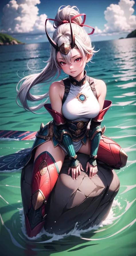 (masterpiece,intricate details),1girl,mature female,drunk _face, BREAK tomoegozen, <lora:tomoegozentest:1>, tomoe gozen, hair between eyes, hair ribbon, headband, long hair, ponytail, (red eyes:1.5), red ribbon, ribbon, light blue hair, BREAK armor, hair between eyes, horns, japanese armor, kote, kusazuri, naginata, oni horns, red horns, shirt, sideboob, sleeveless, sleeveless shirt, white headband, white shirt| ((sit on the iridescent blue and green waters of Brazil's Fernando de Noronha archipelago, home to vibrant coral reefs and diverse marine life)),((cumulonimbus)),((full body)),from above:1.4,depth of field,looking at viewer,