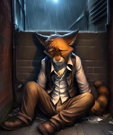 uploaded on e621, ((by einshelm)), solo ((Zib)) with ((neck tuft)) and (fluffy tail) and ((clear yellow eyes, sad, drunk, tired)),slim male, orange fur, white fur, furry, cat, fluffy,  ((half-length portrait)), ((wear unbuttoned white shirt, vest and brown pants)), BREAK ((sitting  on ground in the streets, on back, front view, back on wall, on a raining night)), street lights, shadows, dark alley, wet floor, trash,  (detailed background, depth of field, half body shadow, sunlight, ambient light on the body), (intricate:1.1), (high detail:1.2), (soft focus), [explicit content, questionable content], (masterpiece, best quality, 4k, 2k, shaded, absurd res), (cropped, out of frame)
 <lora:more_details:1> <lora:zib-50:0.9>