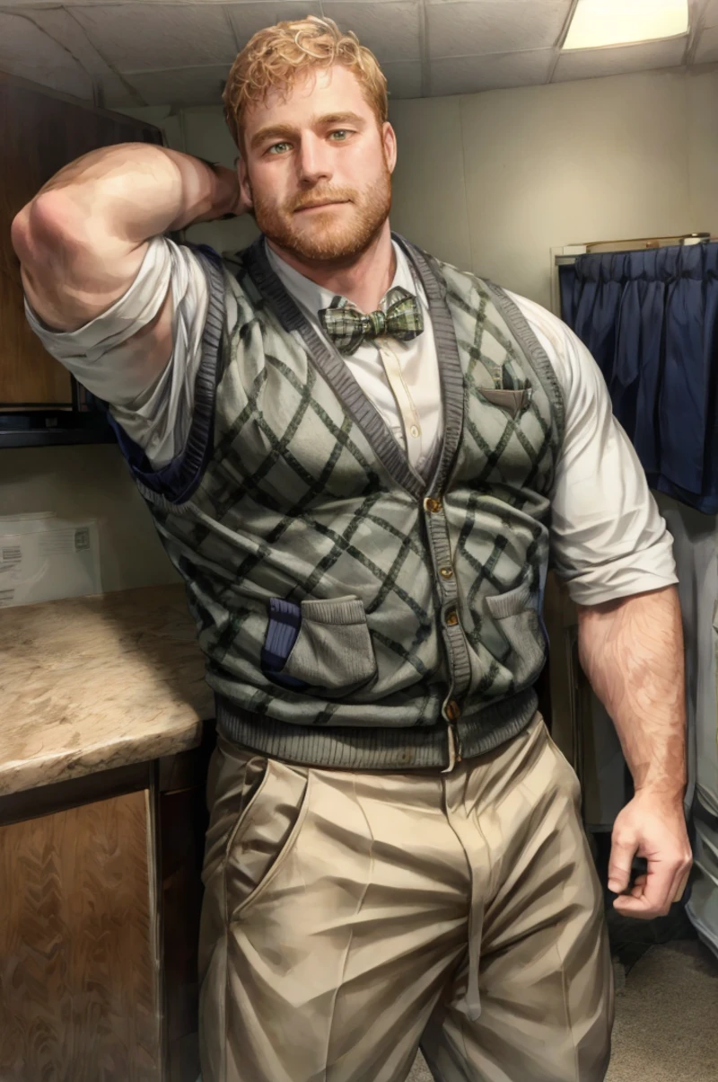 <lora:dg_Tuck_v1:1> dg_Tuck-wearing-boy:-Argyle-sweater-vest khakis sneakers-at-work <lora:tngh_v2_1:0.2> tngh