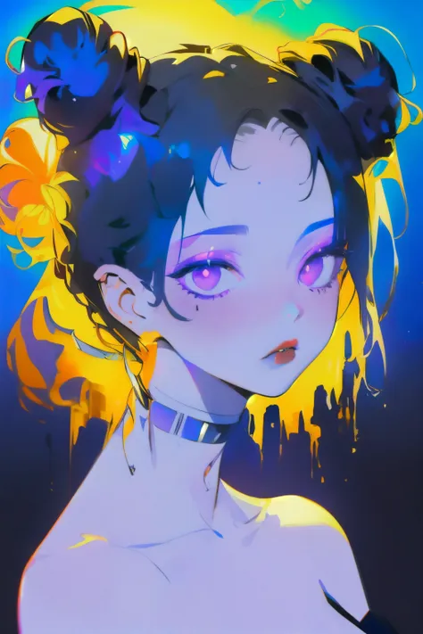 (ultra-detailed), (masterpiece), (best quality), (sharp focus), (cinematic lighting), (vibrant colors),   <lora:y3ll0wblu3:1> y3ll0wblu3, glowing, || portrait, 1girl, gothic style, space bun hairstyle, dark make-up, plump lips, purple tint