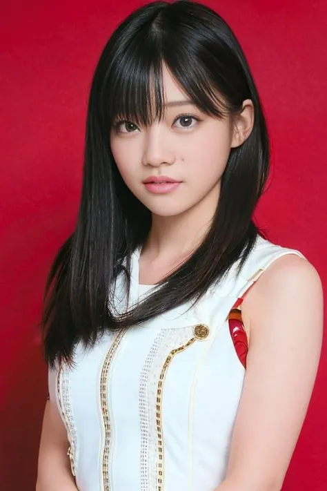 bangs,(best quality,masterpiece:1.2),1girl,8k,ultra high res,ultra detailed,best quality,looking at viewer,perfect lighting,flat light,ultra high quality,ultra high res,masterpiece,photorealistic,detailed face,(simple background),(maroon background),<lora:Suzukan:1>,long hair,smile,