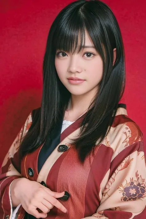 bangs,(best quality,masterpiece:1.2),1girl,8k,ultra high res,ultra detailed,best quality,looking at viewer,perfect lighting,flat light,ultra high quality,ultra high res,masterpiece,photorealistic,detailed face,(simple background),(maroon background),<lora:Suzukan:1>,long hair,smile, elegant kimono