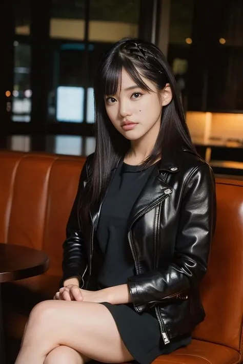 Best quality, masterpiece, ultra high res, (photorealistic:1.4), raw photo, 1woman, closeup, in coffeeshop, deep shadow, dark theme, sitting down, long hair, leather jacket
<lora:Suzukan:1>